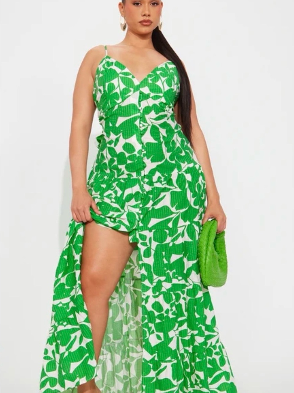 Fashion Nova Green Leaf-Print Maxi Dress